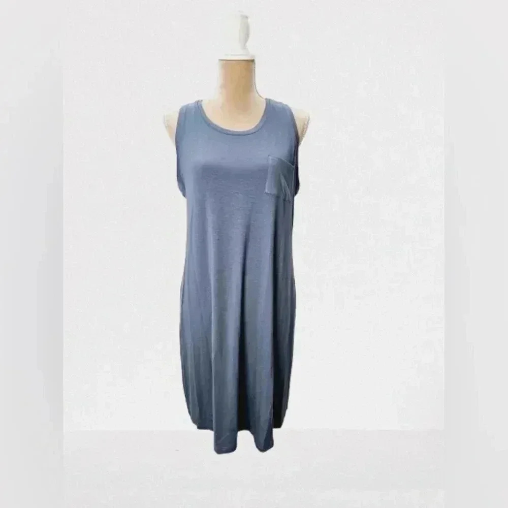 Blue Sleeveless T Shirt Dress Pocket Casual Swing Dress Womens Large NWT